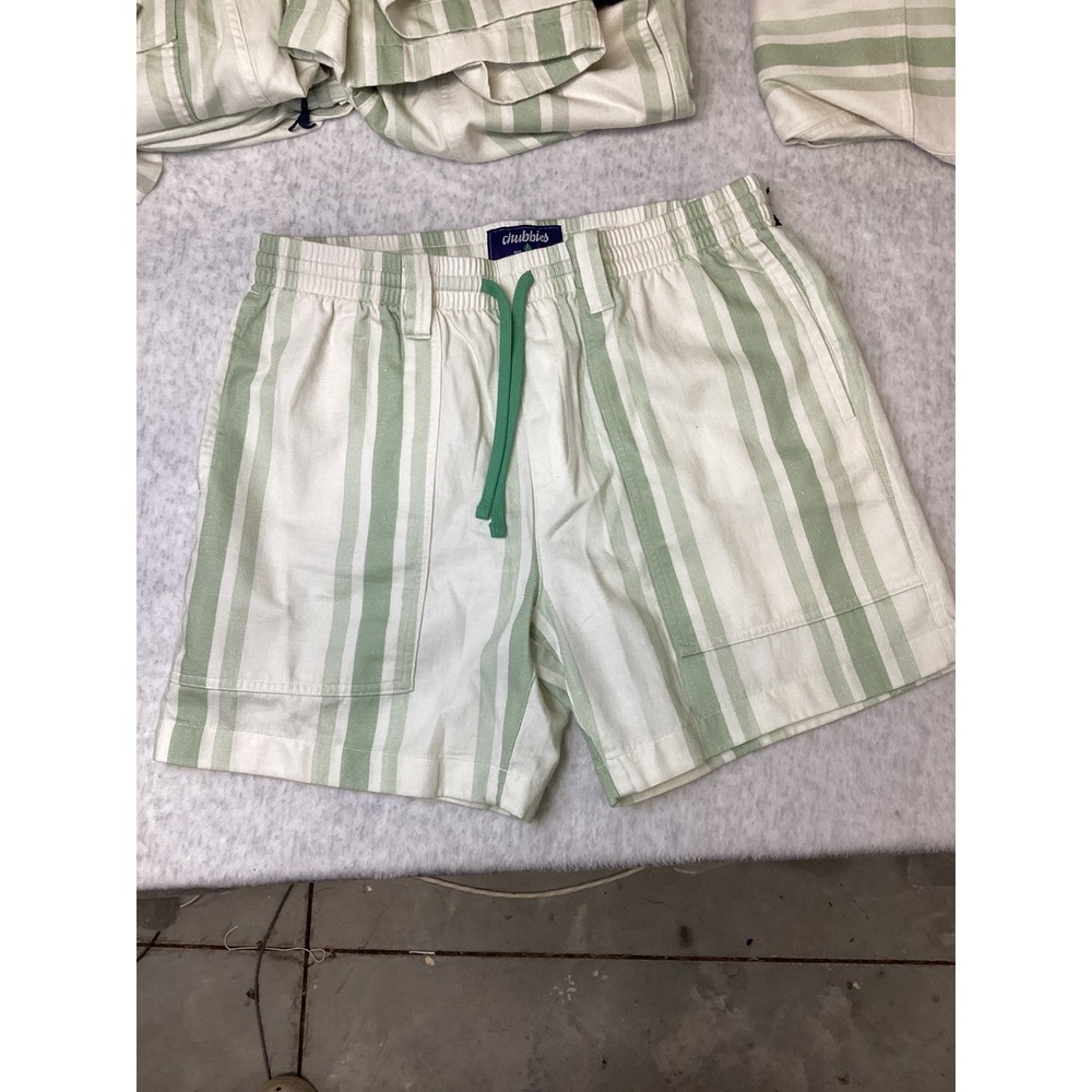 Chubbies The Stripe Teases Utility Short Green Cream Striped Linen Blend Mens M.